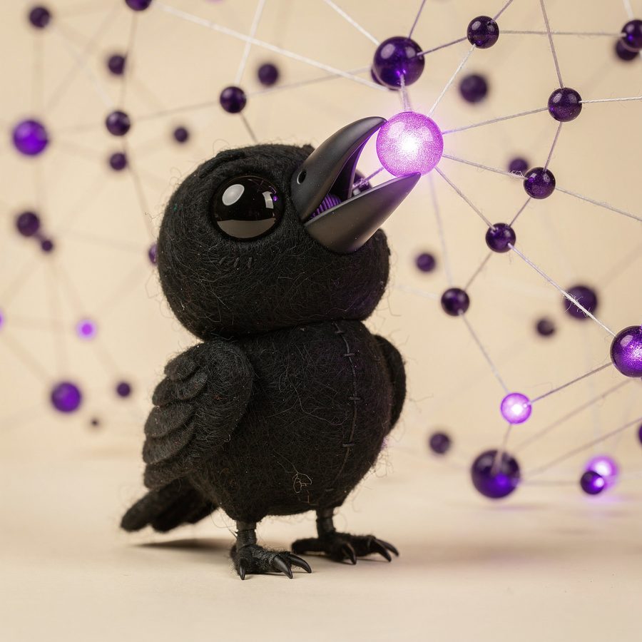 Close-up of the felt raven plucking a glowing node from a knowledge web