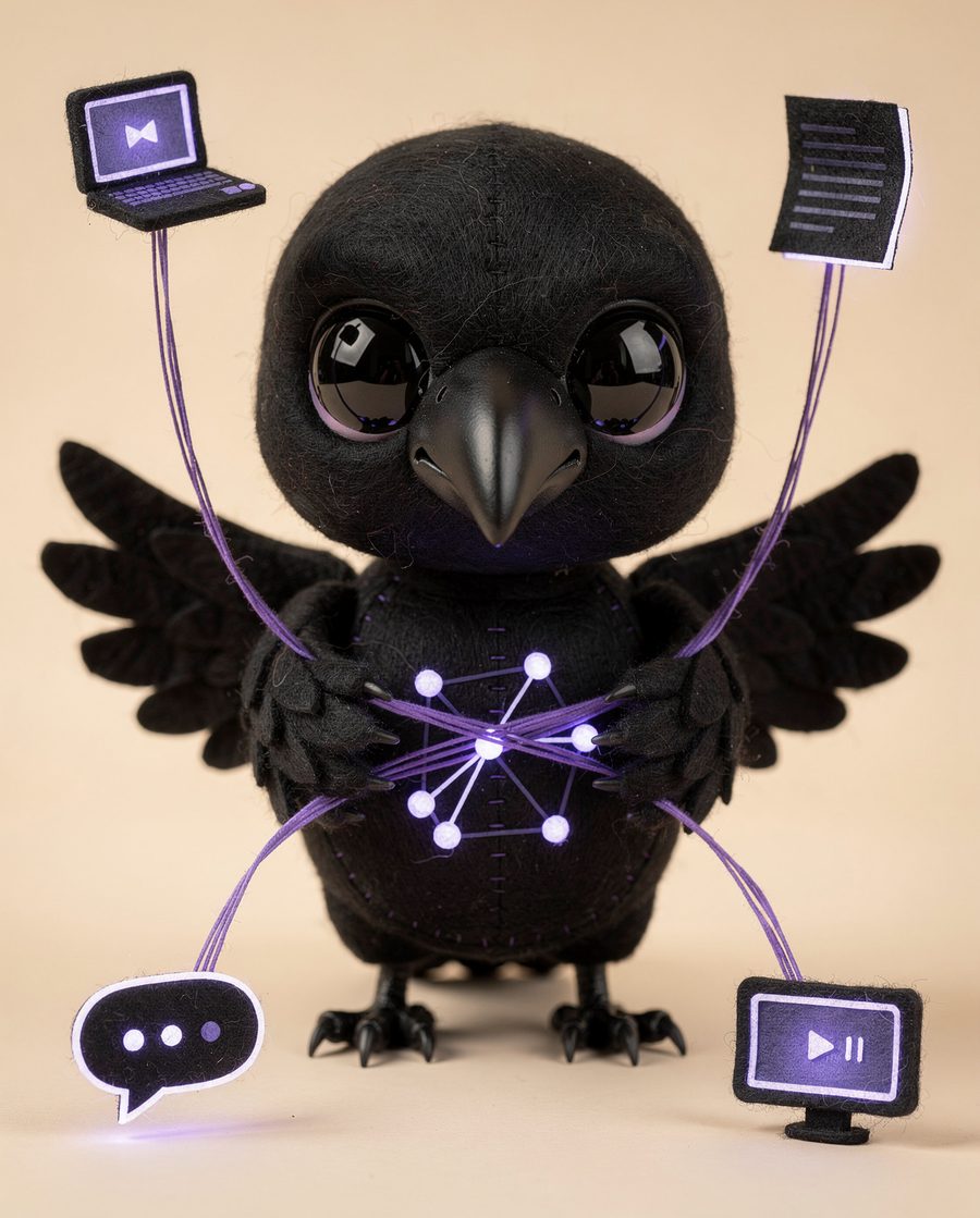 The raven weaving glowing threads of knowledge